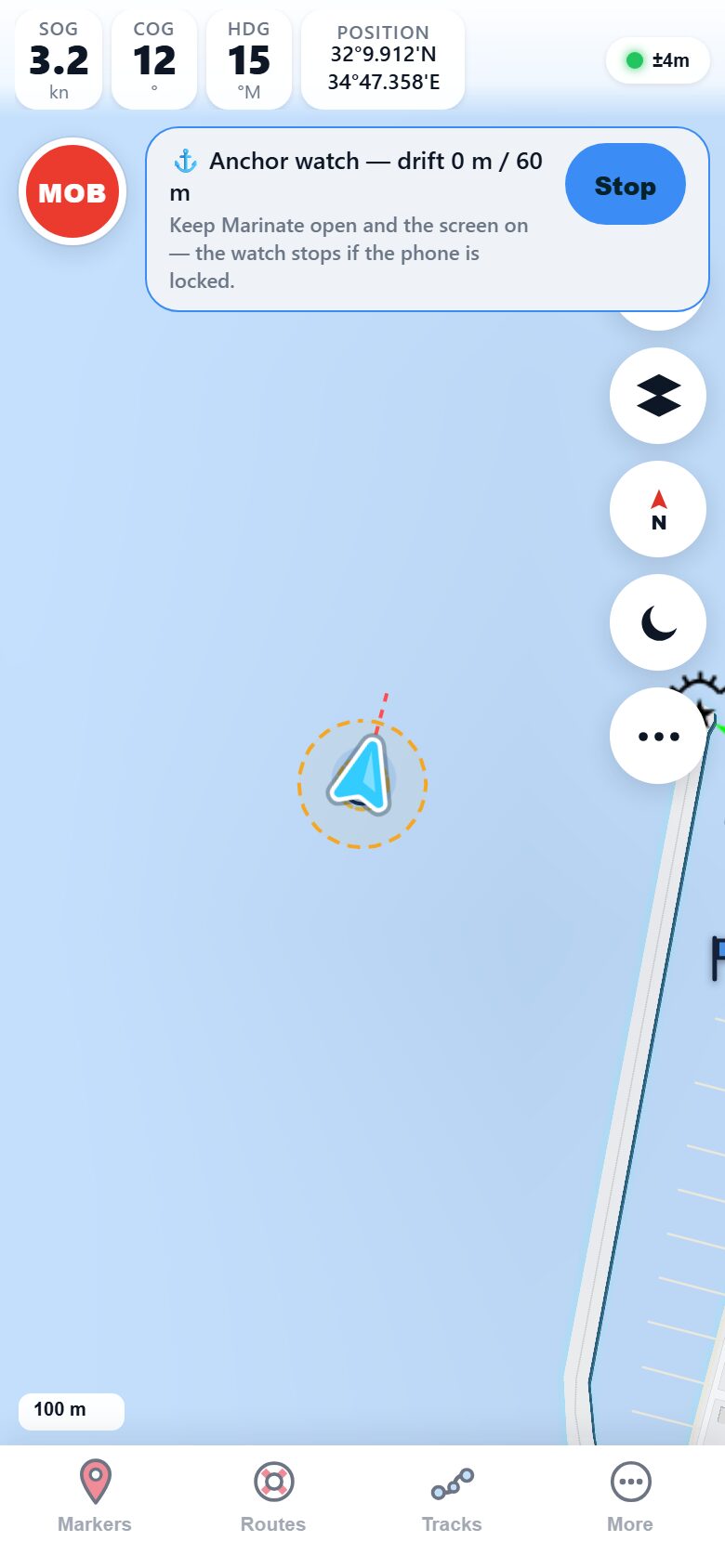 Marinate anchor alarm: a watch circle drawn around the anchor position with the boat's GPS track inside it