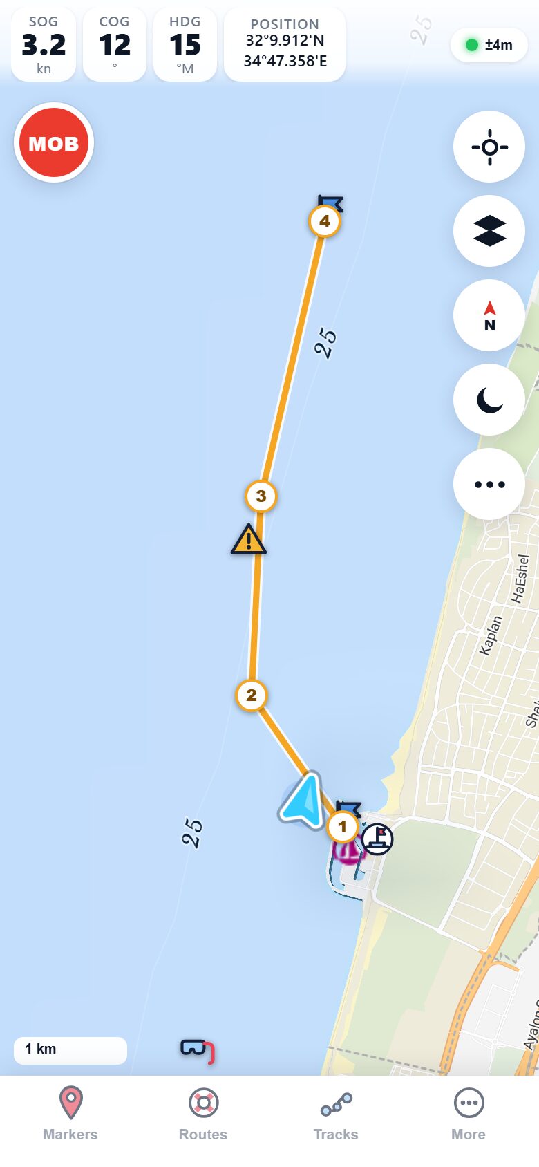 Marinate chart view: nautical chart with buoys, depth soundings, and a live GPS boat marker with projected course