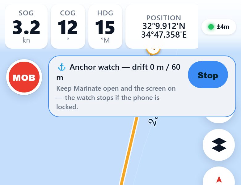 Chart detail off Haifa: the live boat marker at waypoint 1 with a projected course line, route legs to waypoints 2, 3 and 4, and an anchorage marker