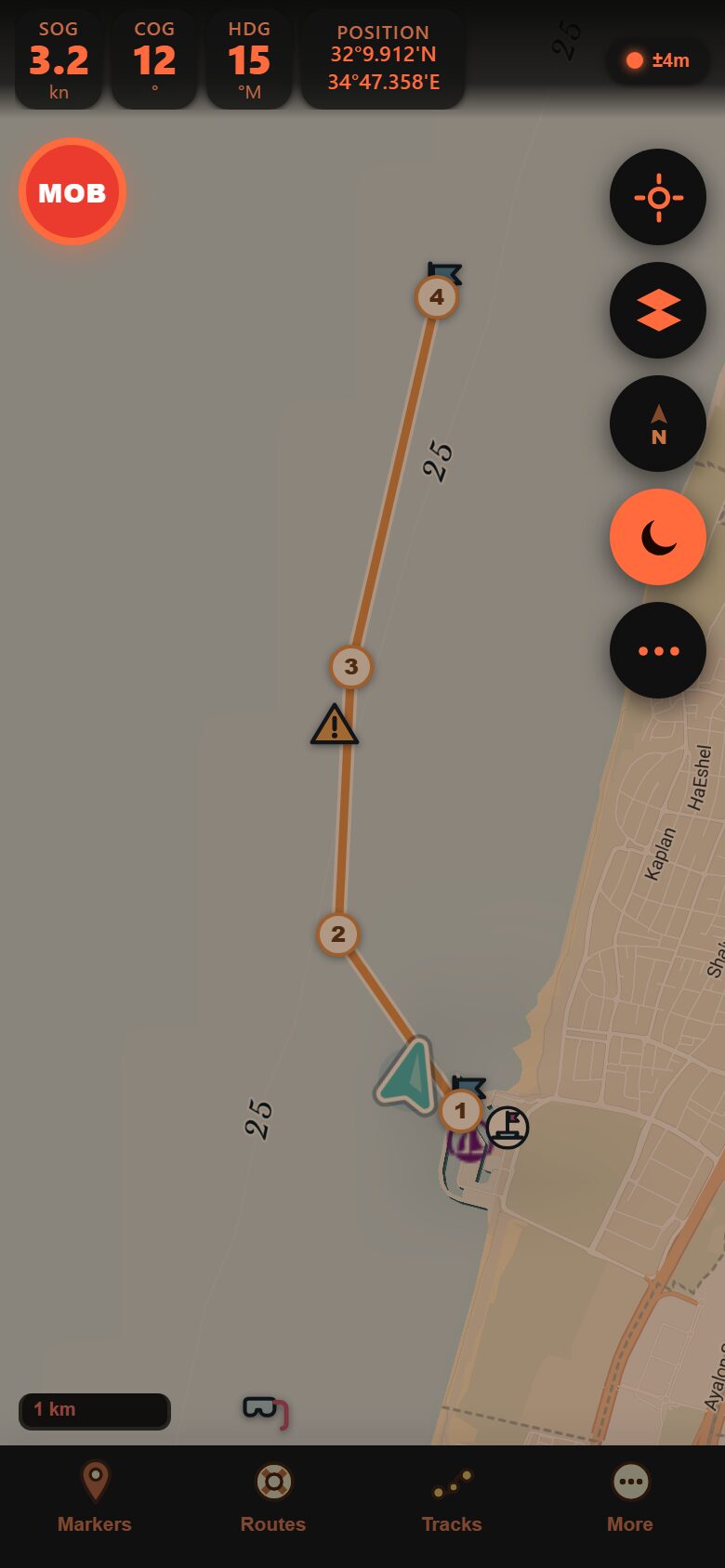 Marinate night mode: the nautical chart dimmed into a red-shifted palette that preserves night vision