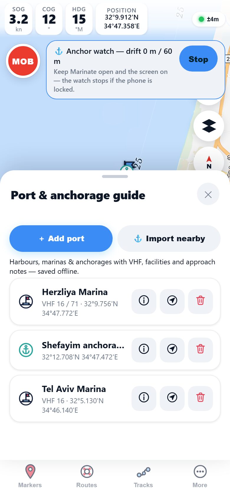 Marinate's port and anchorage guide over the Haifa Bay chart: entries for Akko Marina on VHF 12, the Haifa Bay anchorage, Kishon Marina on VHF 09 and the Shavei Zion anchorage, with Add port and Import nearby buttons above the list and the plotted route to Akko on the chart behind