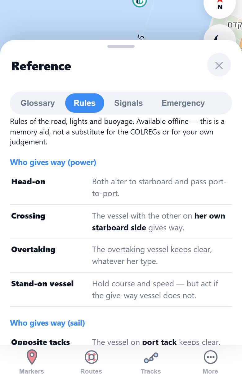 Marinate's cheat sheet: right-of-way rules for power-driven vessels, each rule as a short heading with a one-line explanation