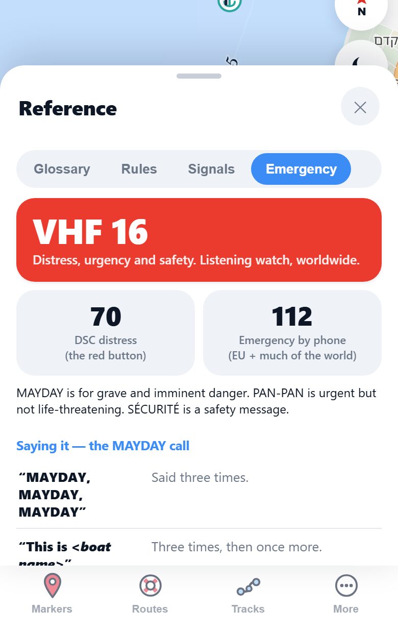 Marinate's emergency card: VHF channel 16 in large white type on red, with DSC channel 70 and the 112 emergency number below it, followed by the MAYDAY call script